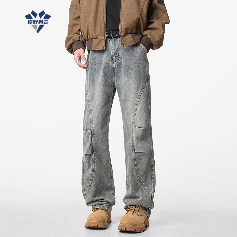 阔腿裤秋冬直筒裤秋季水洗牛仔裤潮流高街美式裤子