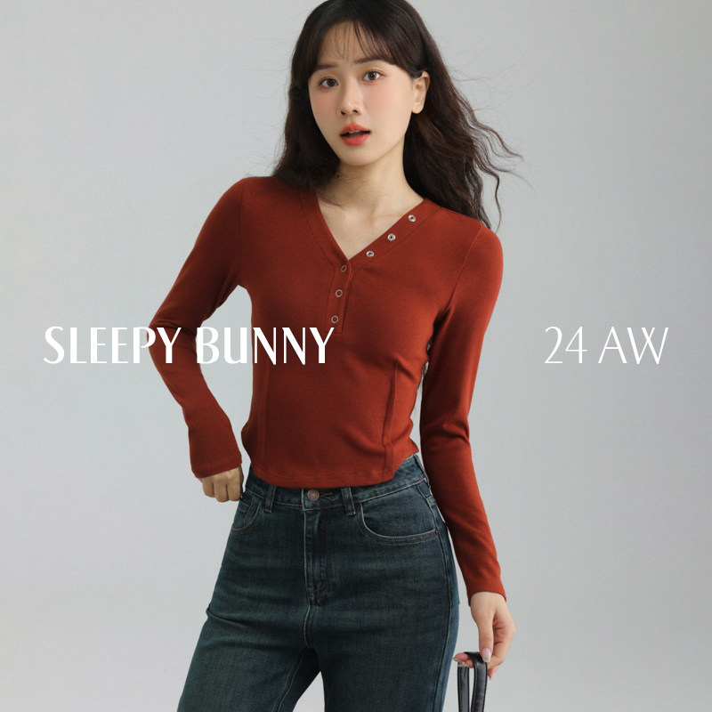 P瞌睡兔【清苍】仿羊绒v领长袖T恤收腰打底内搭修身纯色上衣245792