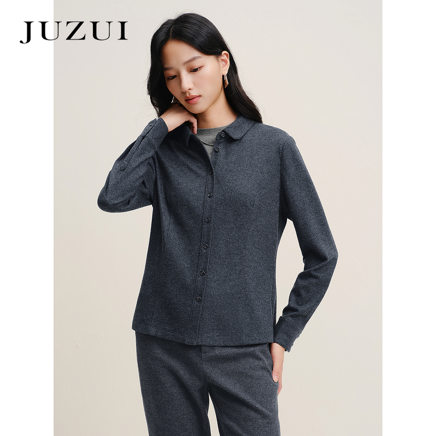 JUZUI玖姿通勤职场翻领H型羊毛衬衫女2025冬季新款JWFD60104