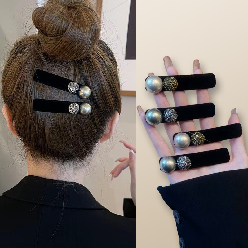 韩国新丝绒珠珠一字夹高级镶嵌发夹简约百搭侧边发卡网红BB