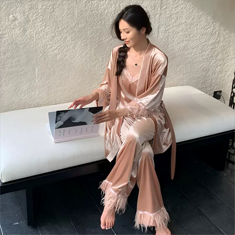 金丝绒睡衣女三件套高级感羽毛性感吊带睡袍秋冬季家居服