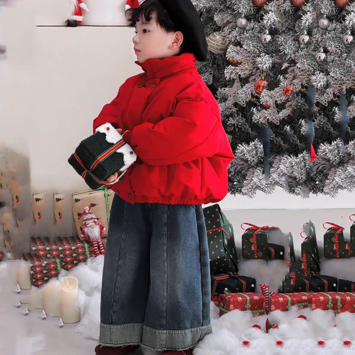 男童冬季新款红色圣诞儿童棉服短款2025韩版男中小童洋气棉服套装