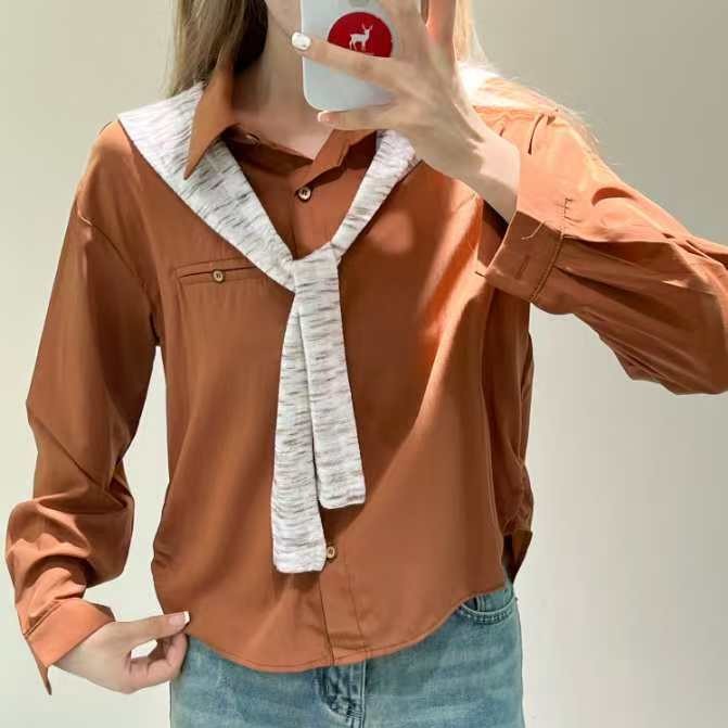 春季新款设计感小众别致长袖衬衫女今年流行气质丝巾百搭上衣6830