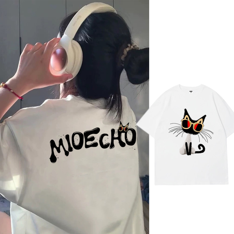 韩版猫咪落肩袖重磅230gT恤短袖女网红纯棉印花设计感宽松百搭
