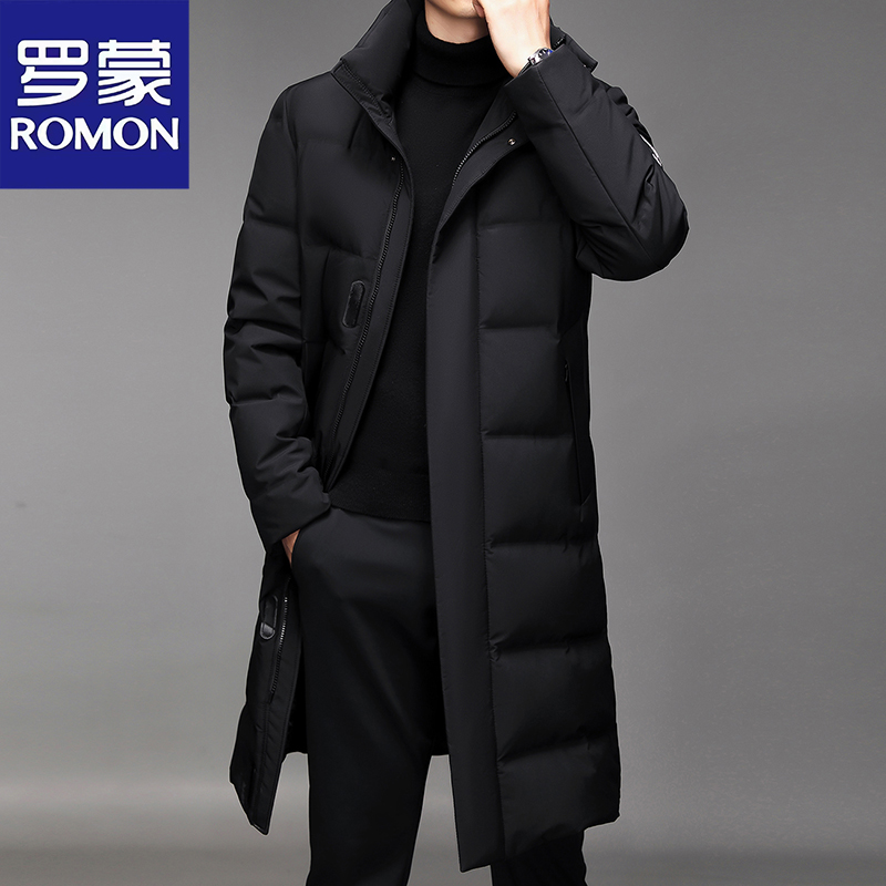 Romon/罗蒙冬季新款连帽款棉服男士长款过膝时尚高端厚款保暖外套