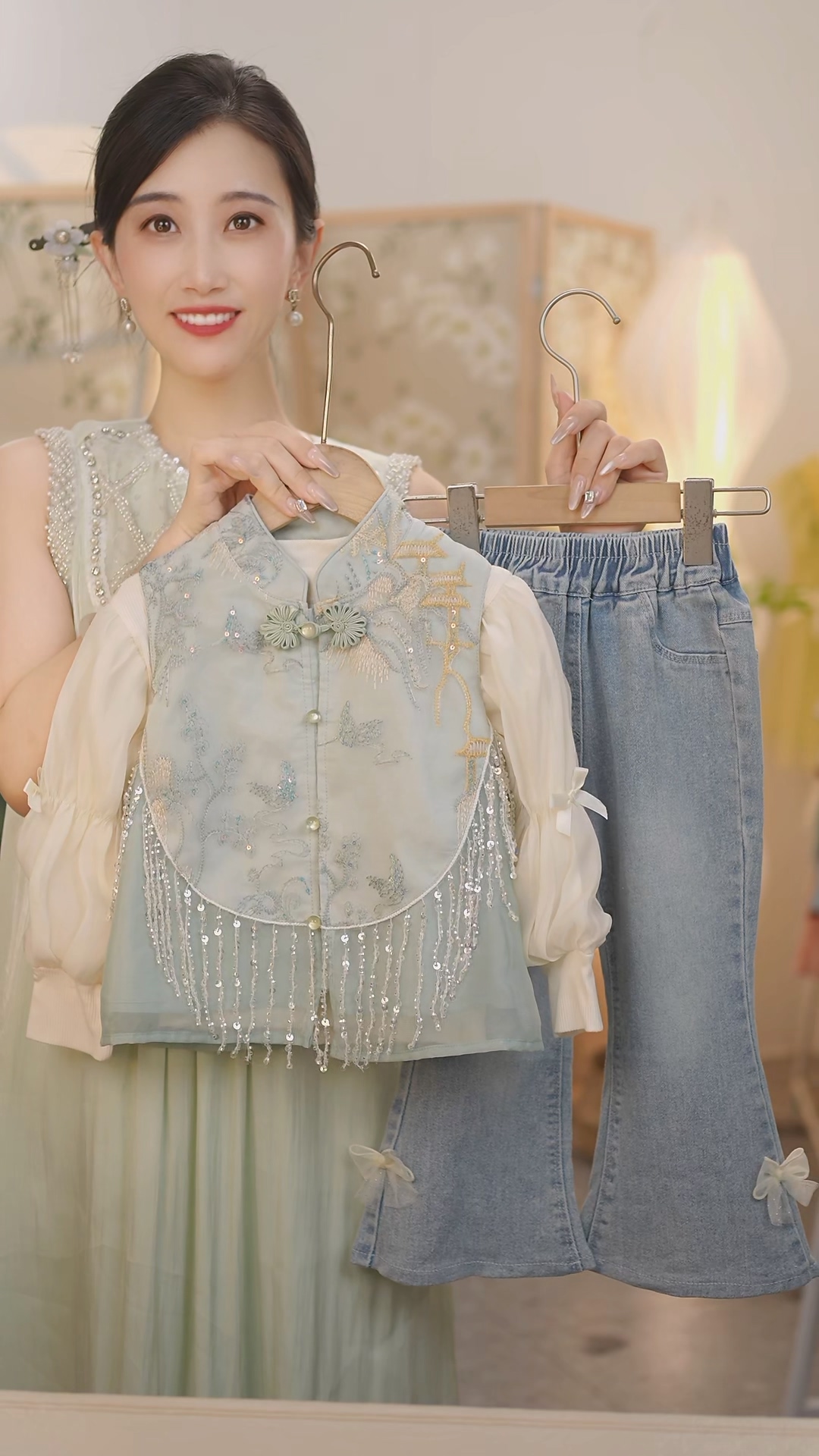 现货【琉璃月】SC518女童2025秋季国风打底衫马甲牛仔裤三件套