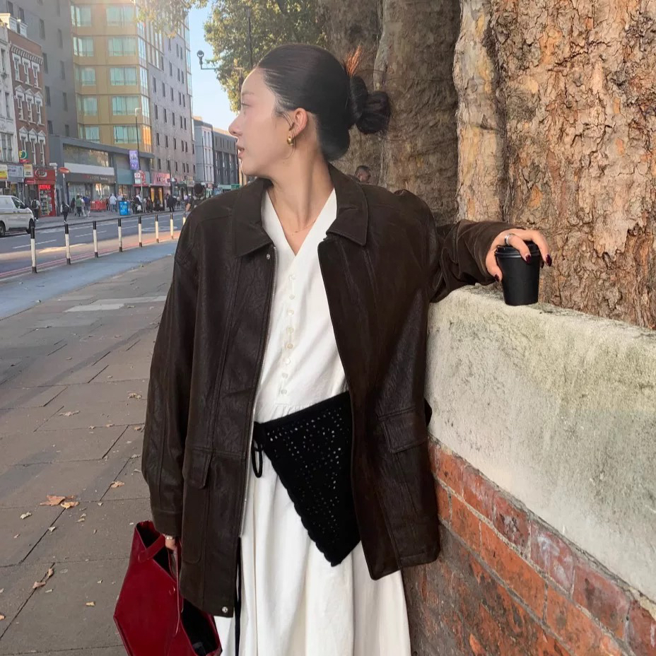 梧桐  复古做旧帅气水洗皮衣宽松中长款风衣外套