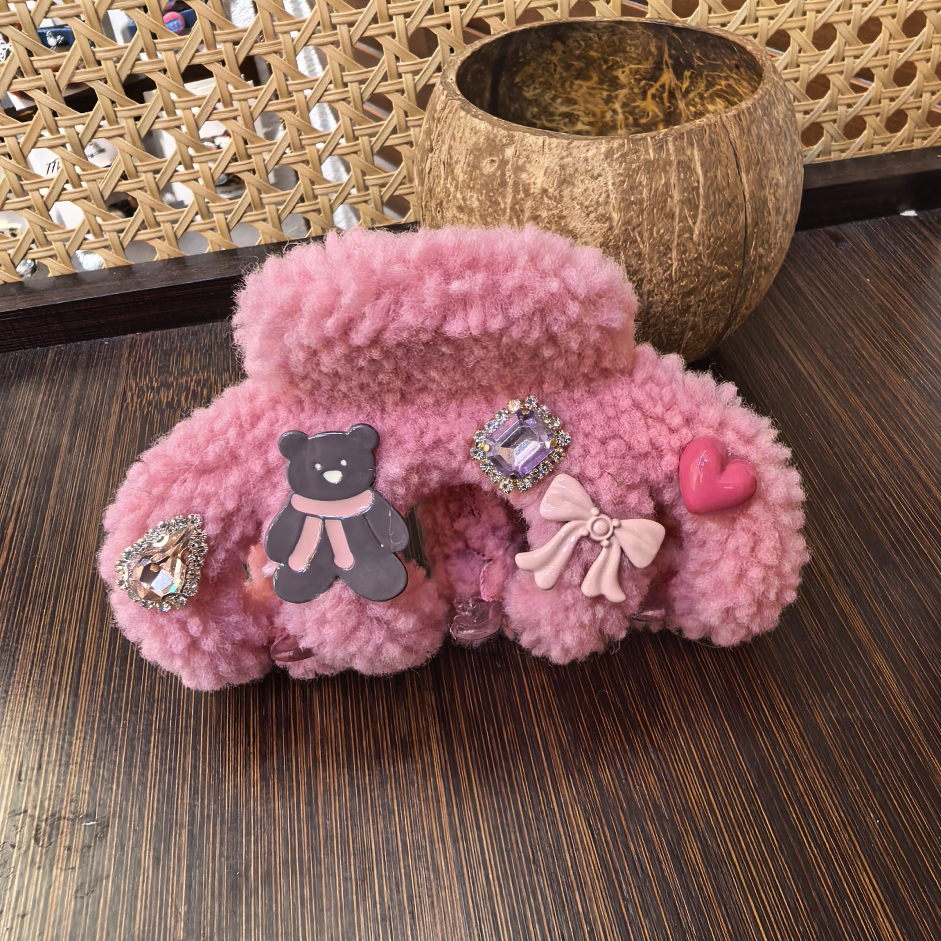 F966粉色蝴蝶结小熊爱心AB面毛毛南瓜抓夹