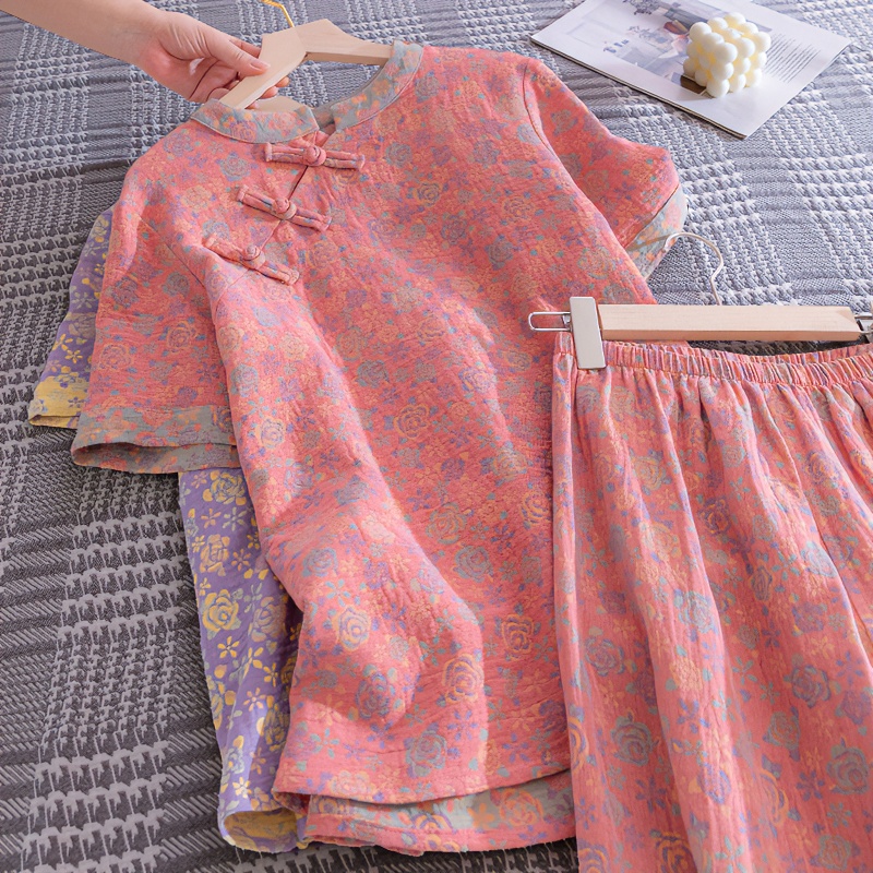 纯棉纱布盘扣睡衣复古女 春夏款短袖长裤小花布宽松家居服两件套