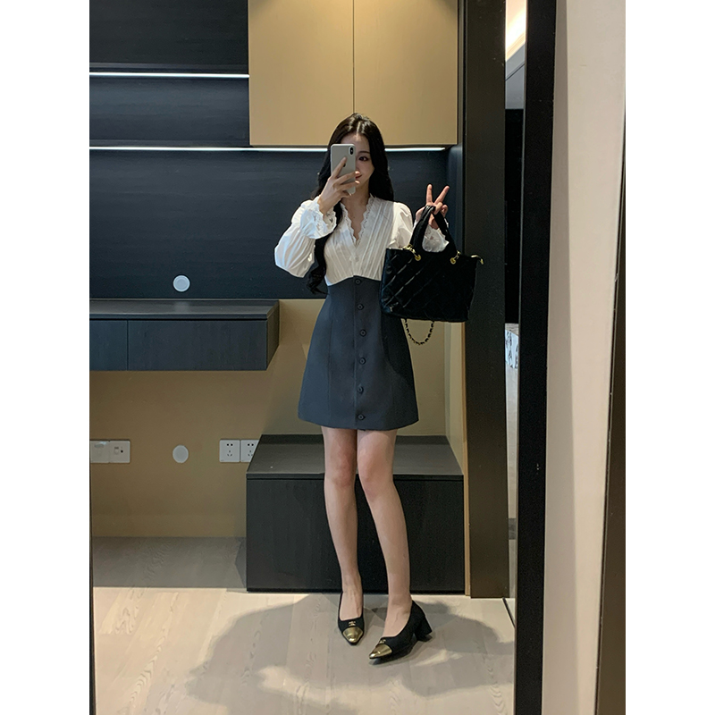 XINYI【高智女友】春季拼接撞色连衣裙女收腰显瘦气质X625Q01959
