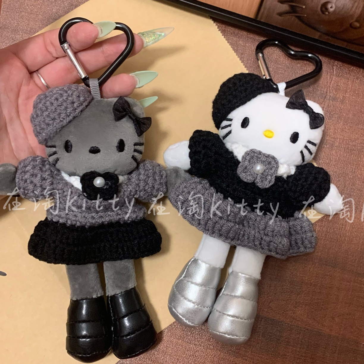 手作针织长腿kitty可爱毛绒包包挂件包包配饰