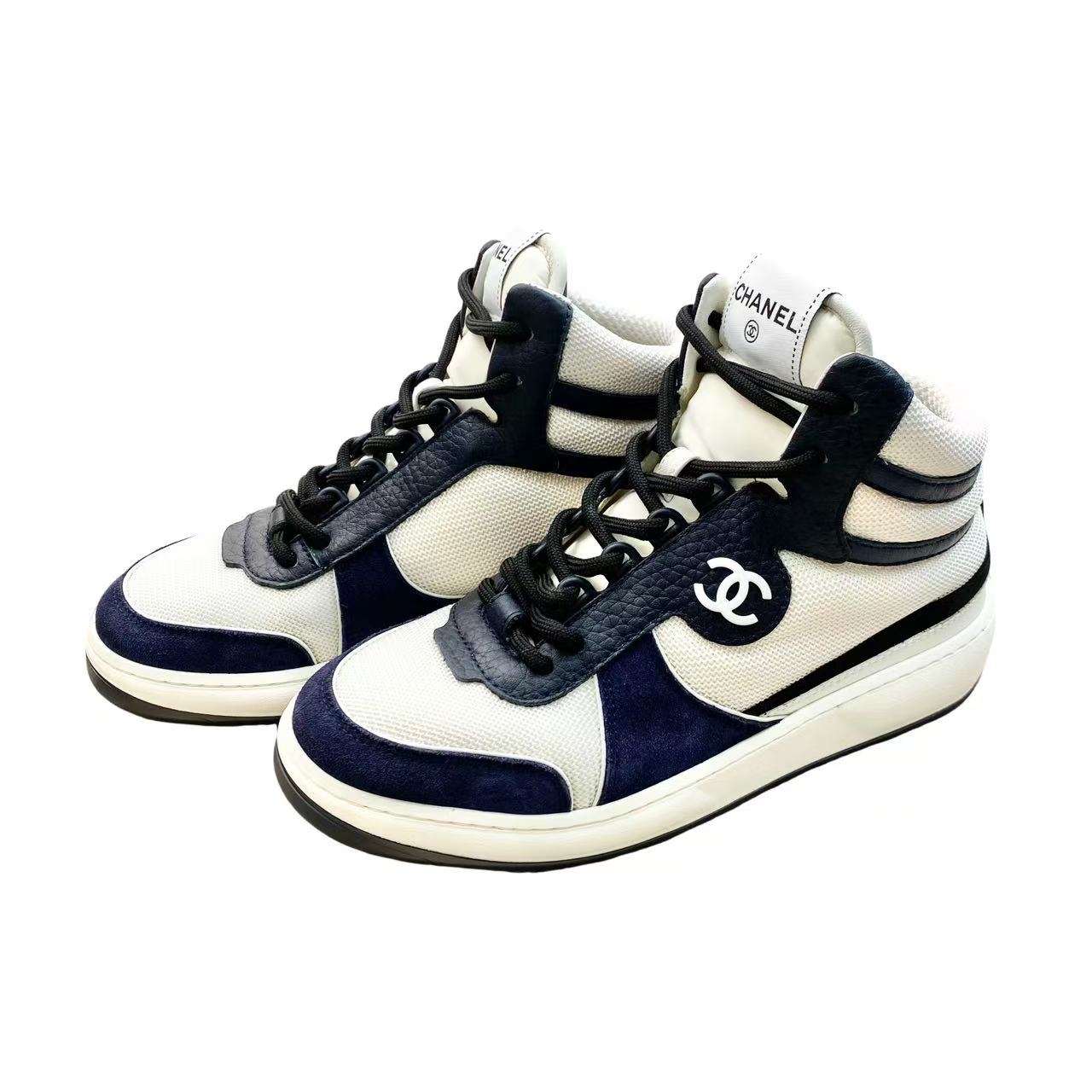 99新 Chanel/香奈儿 bb2167  蓝白拼色高帮运动鞋 37码 