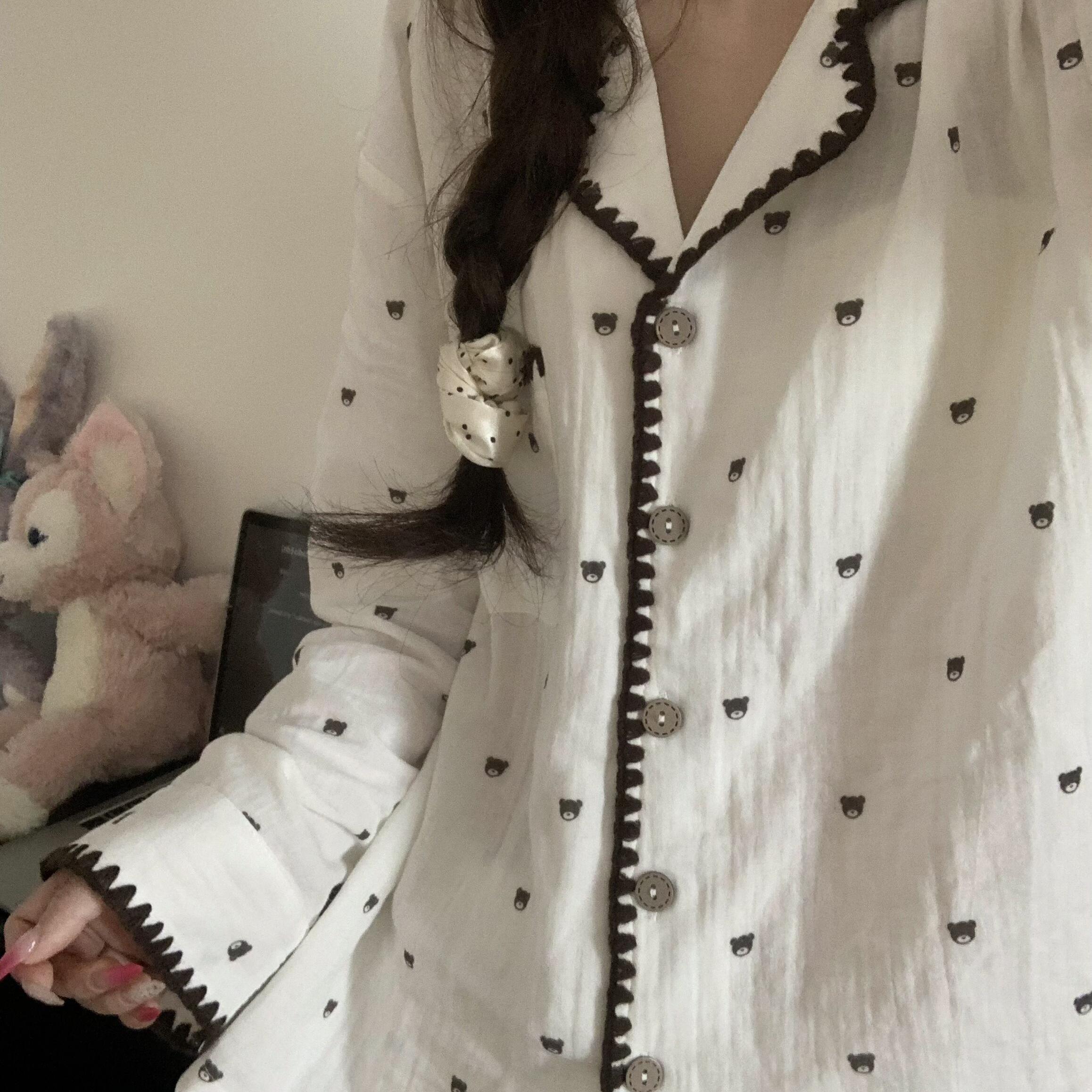 甜美少女可爱小熊卡通印花宽松睡衣女秋季款网红休闲家居服两件套