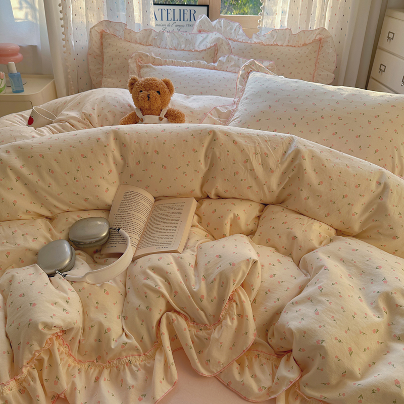 公主风花边款小清新水洗工艺亲肤柔软裸睡四件套学生宿舍三件套件