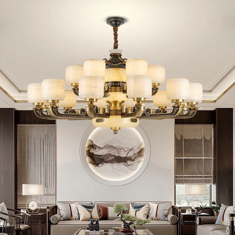 （玉石流金）全铜吊灯高端客厅灯别墅复式楼大吊灯全光谱护眼光源