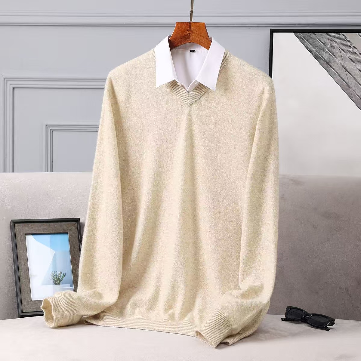【100%山羊绒】新款男装V领百搭基础款男衫【支持质检】-903