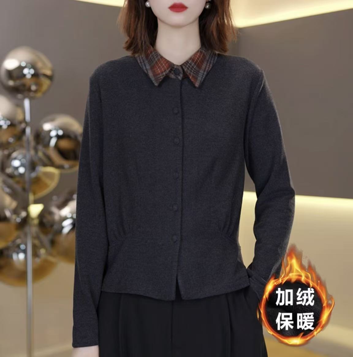 1655款洋气时尚减龄冬季新款双面绒衬衣领长袖内搭上衣小衫