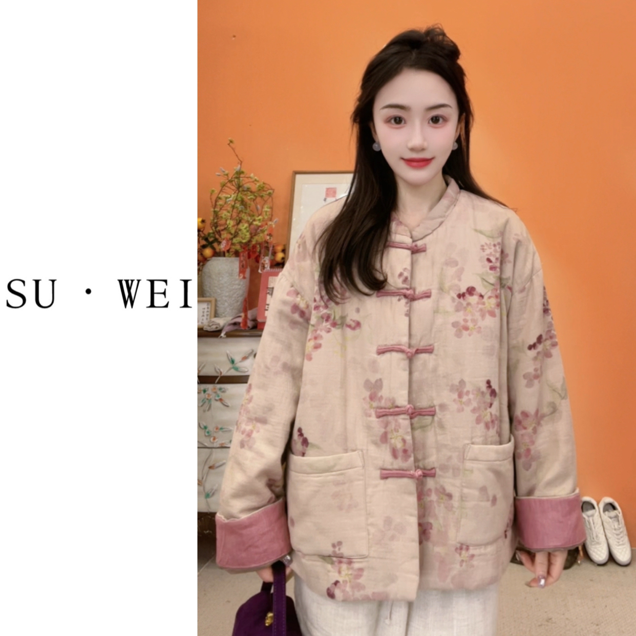 新中式重工印花盘扣棉麻保暖棉服国风冬季厚款棉衣3203