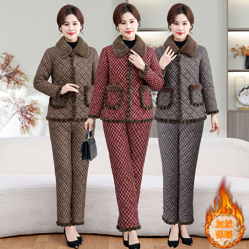 秋冬新款翻领加绒加厚套装妈妈装格子套装金典百搭洋气两件套