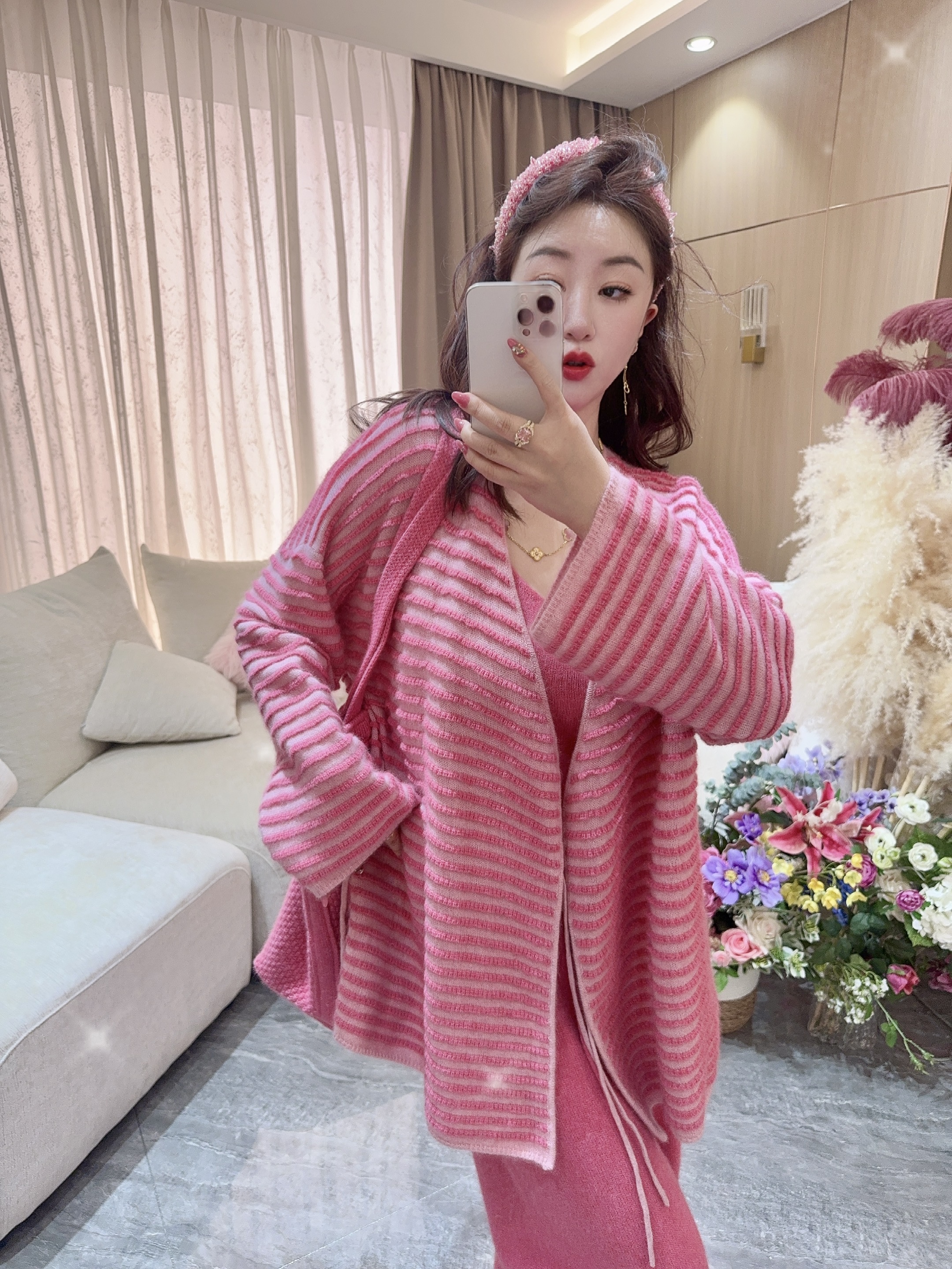 DC【知性蔷薇】高级气质显瘦网红慵懒风条纹开衫秋冬时尚外套粉色