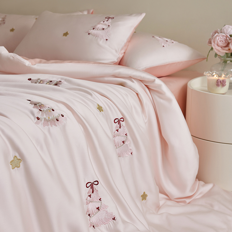 ROWHOLLY冰粉夏日兰精进口天丝绣花四件套可爱薄款单人可机洗凉感