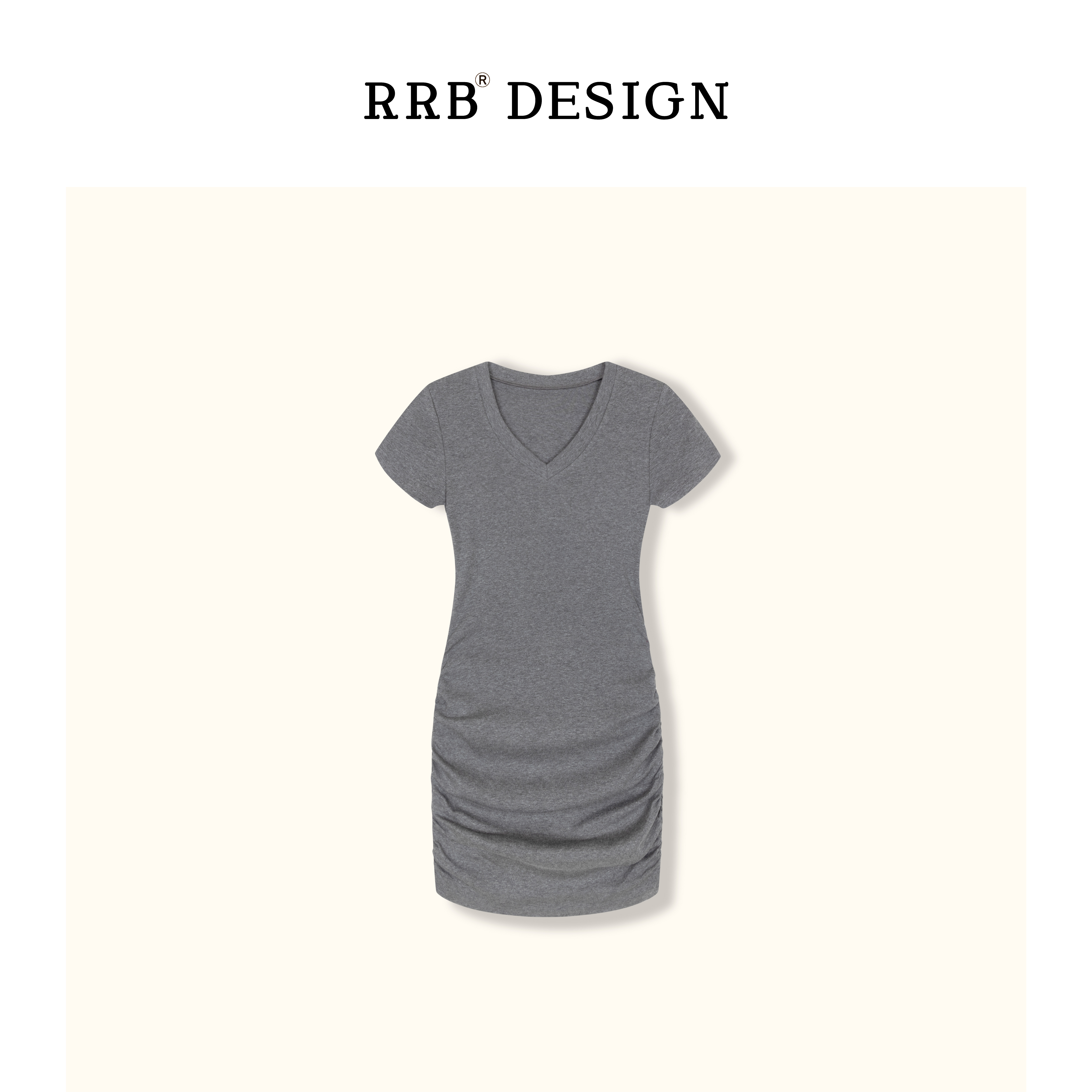 RRB Design「夏日焦点」修身显瘦V领侧边褶皱不规则短袖连衣裙短裙