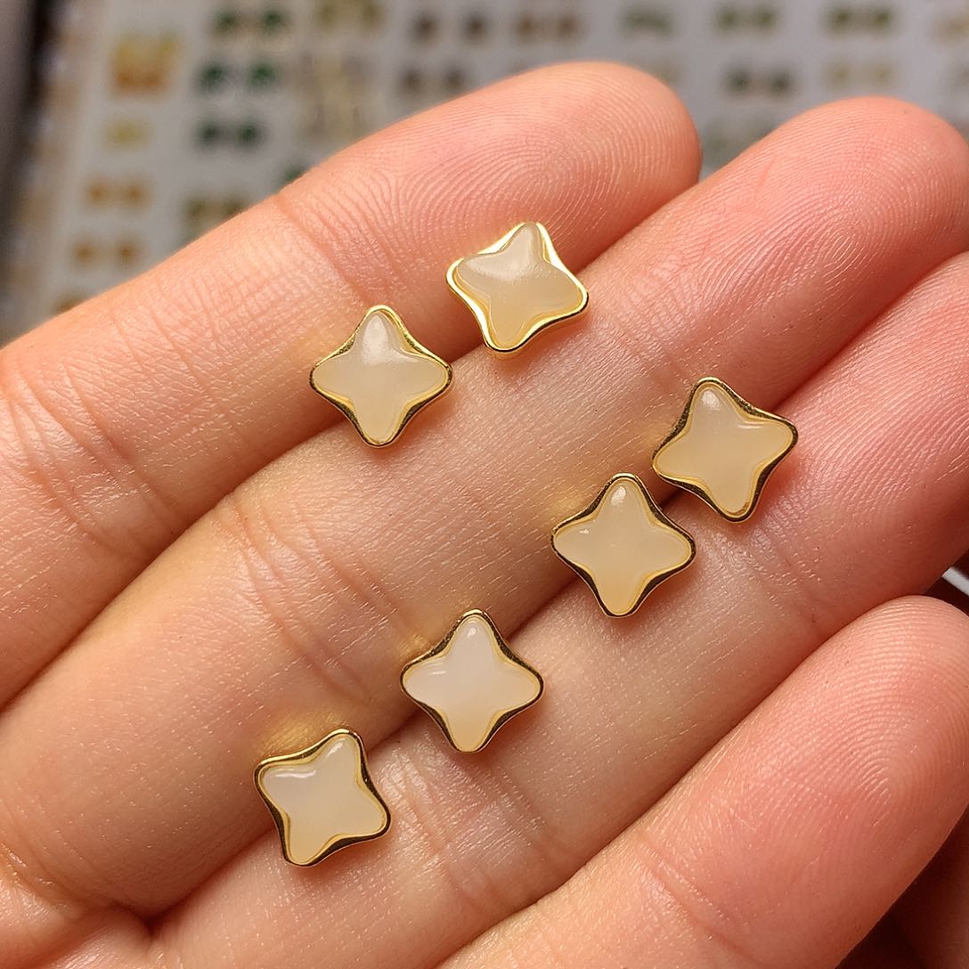 银S925镀金镶嵌和田玉（白玉）耳饰