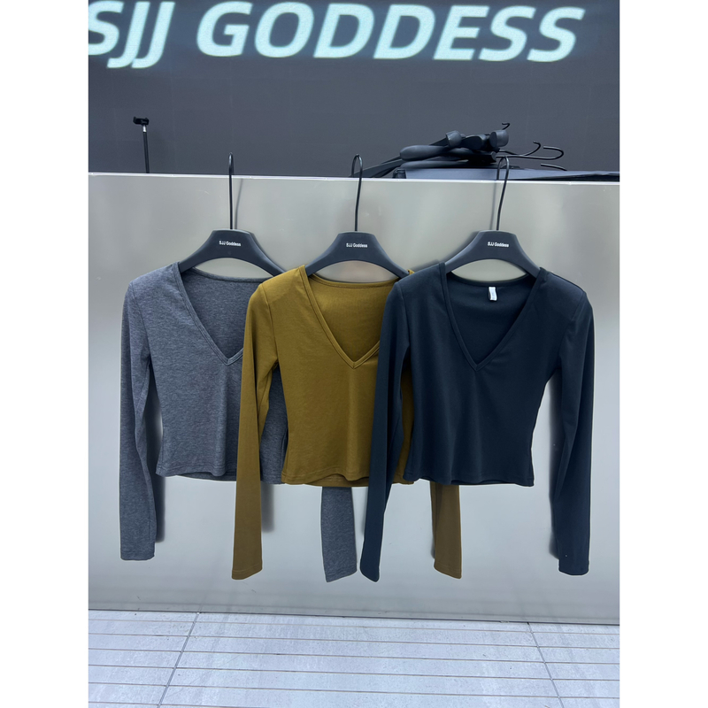 【娇娇私服定制】新款休闲百搭V领垫肩长袖T恤打底82092#
