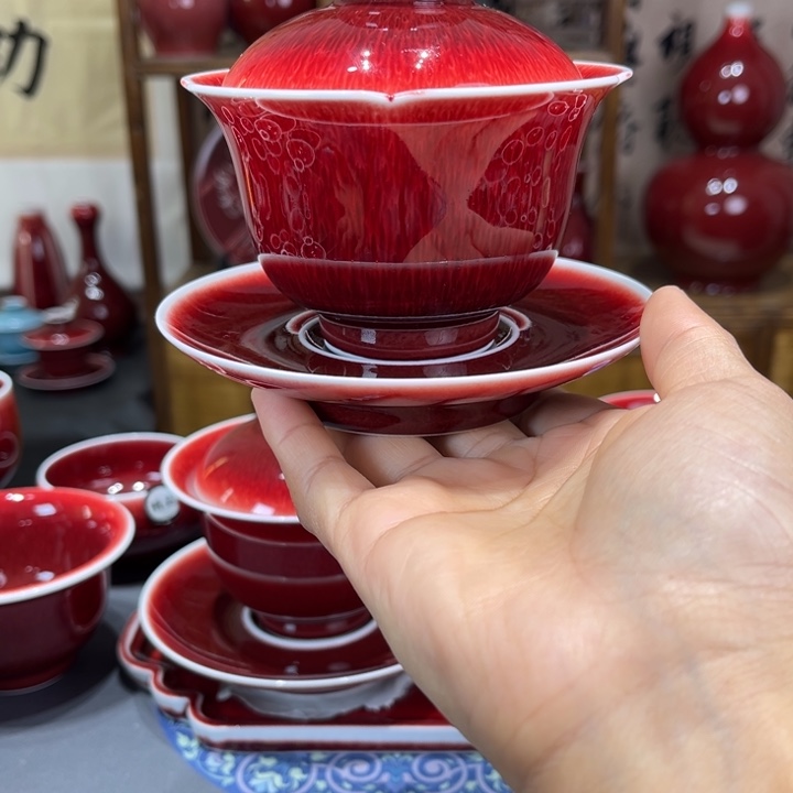 t***0景德镇陶瓷浅行窑三才花口盖碗