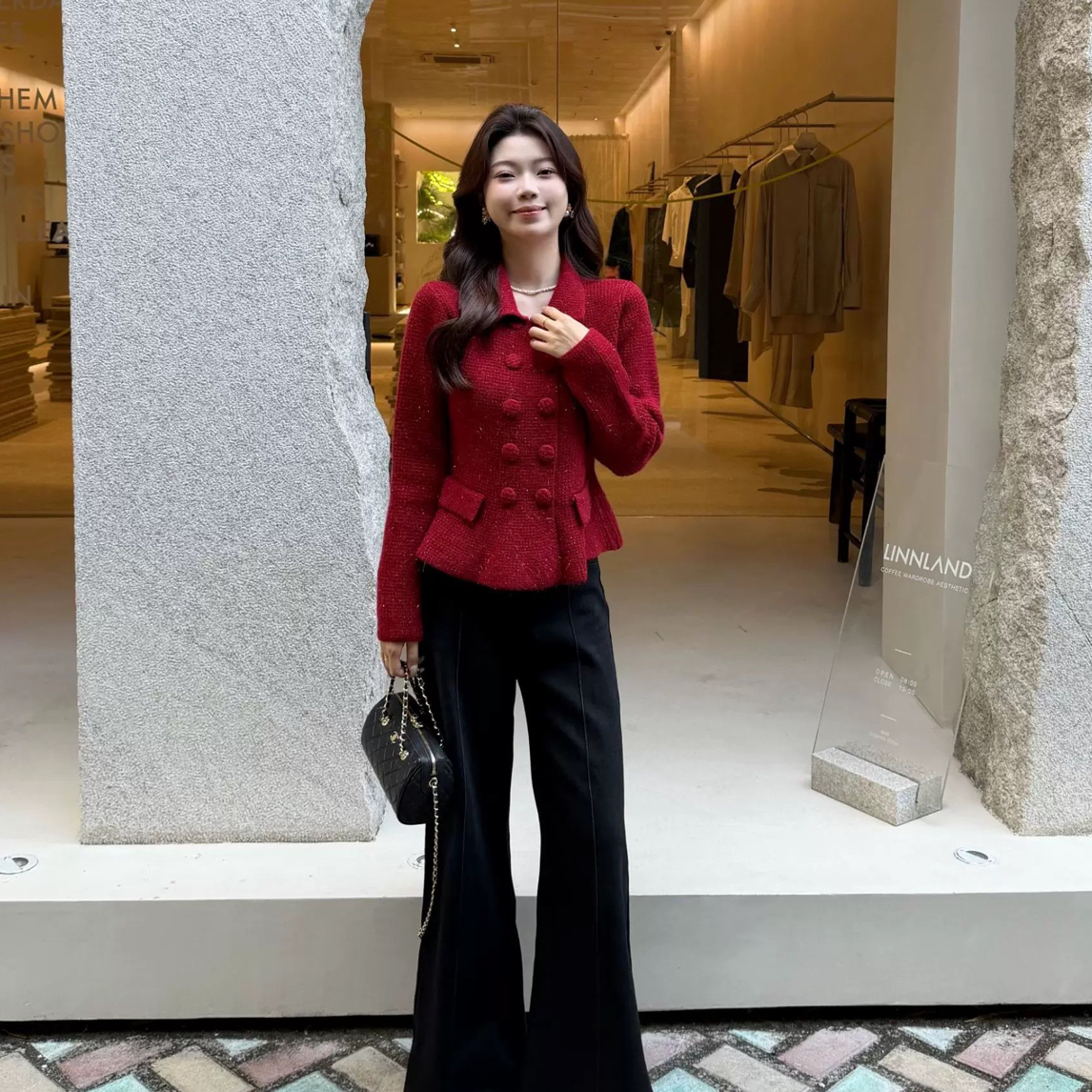 【冬日午后】法式气质翻领双排扣细闪毛衣女秋冬收腰显瘦长袖上衣