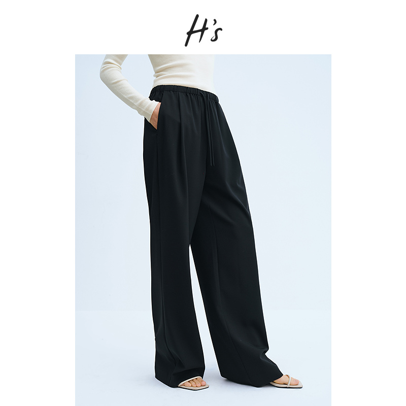 【25SS】HS裤子女25夏新款立体垂感抽绳松紧带基础西装直筒休闲裤