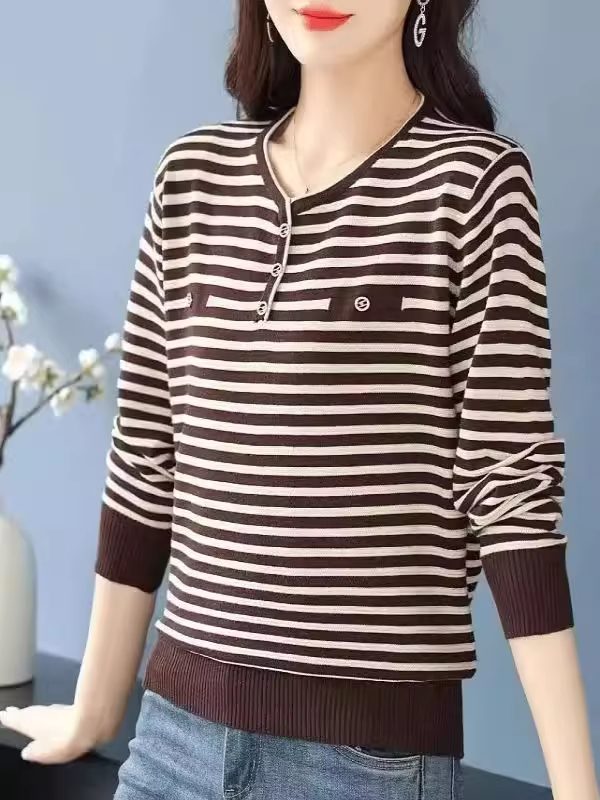 妈妈装春秋款V领女士薄款套头显年轻拼色气质T恤外穿上衣打底衫女
