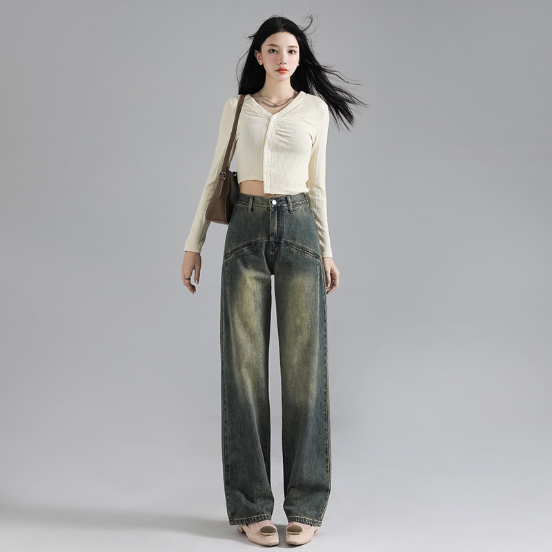 JS1186复古怀旧阔腿牛仔裤2025春款高腰宽松显瘦直筒垂感拖地裤子