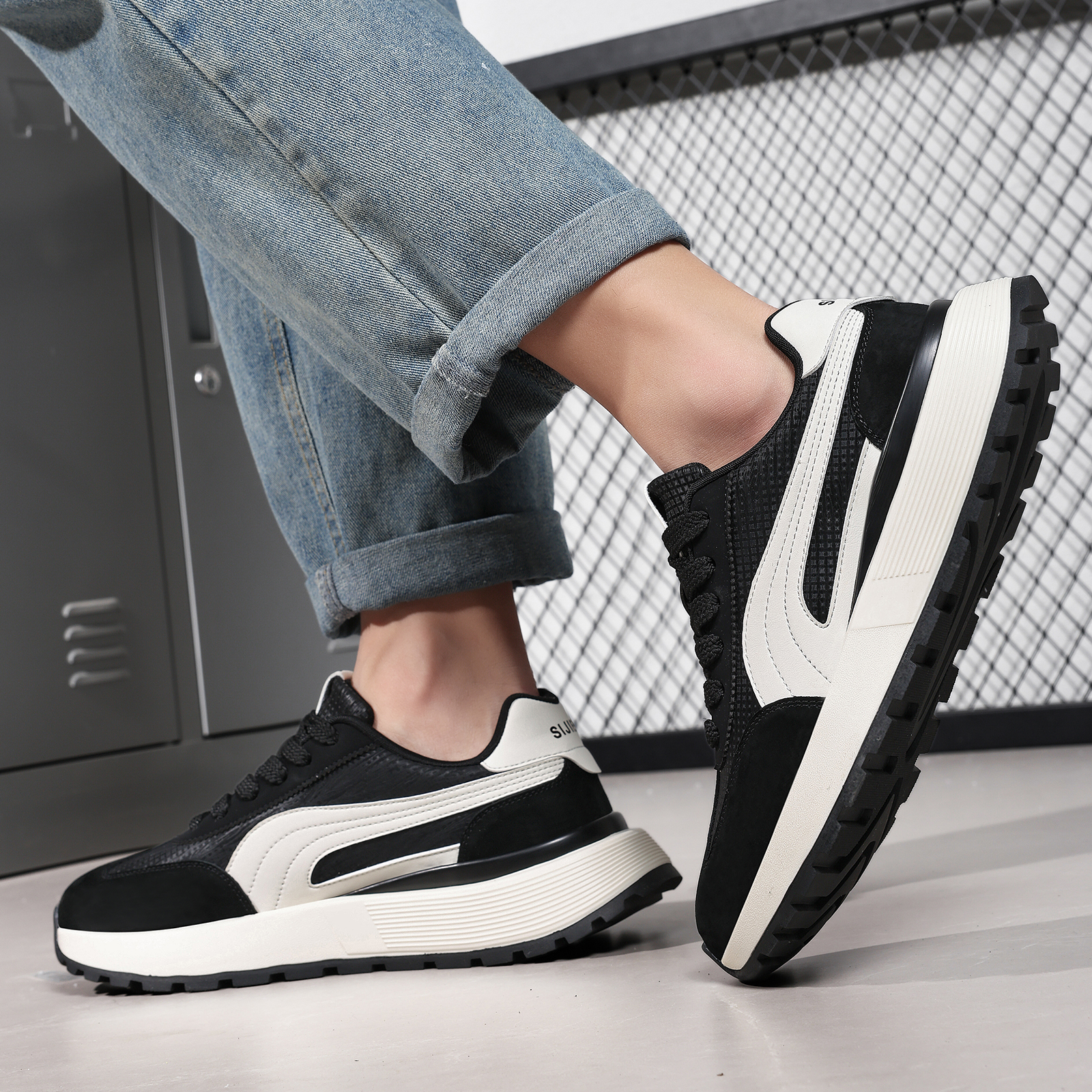 新款秋冬皮面网面鞋透气减震防滑时尚休闲鞋潮流休闲潮鞋春季韩版