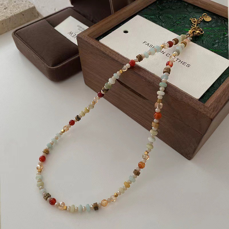 铜合金大理石项链 轻奢石头红色多巴胺串珠色彩搭配女锁骨链项链