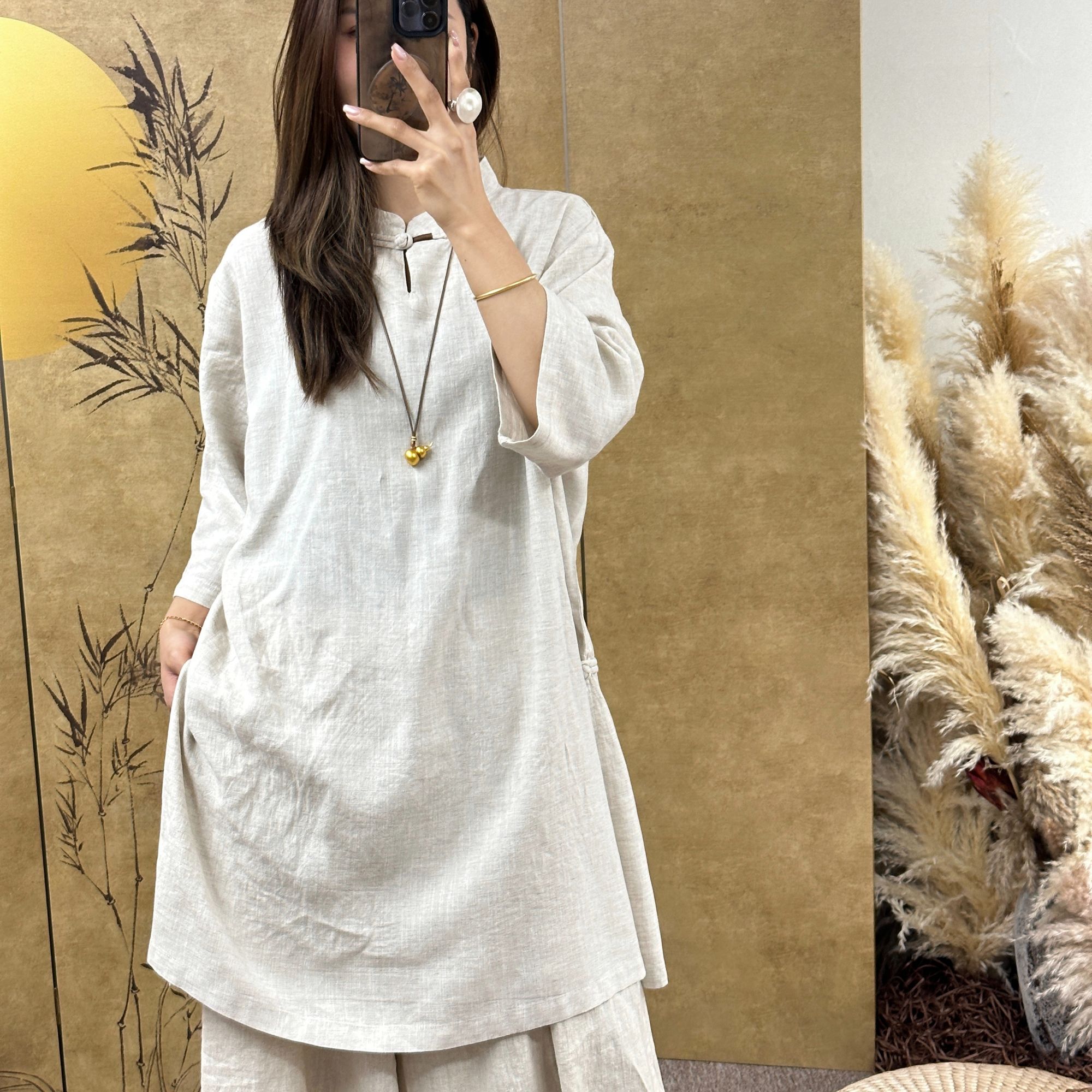 束心新中式女装夏装新款复古立领盘扣五分袖衬衫女亚麻中长款上衣