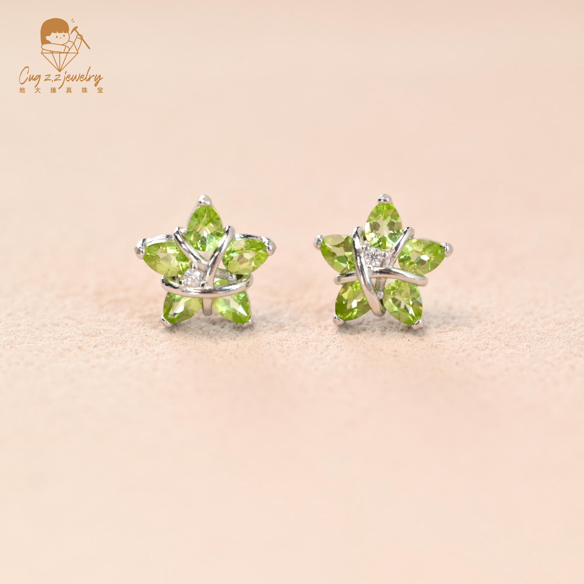 天然橄榄石五角星星大牌轻奢高级珠宝耳钉礼物925银