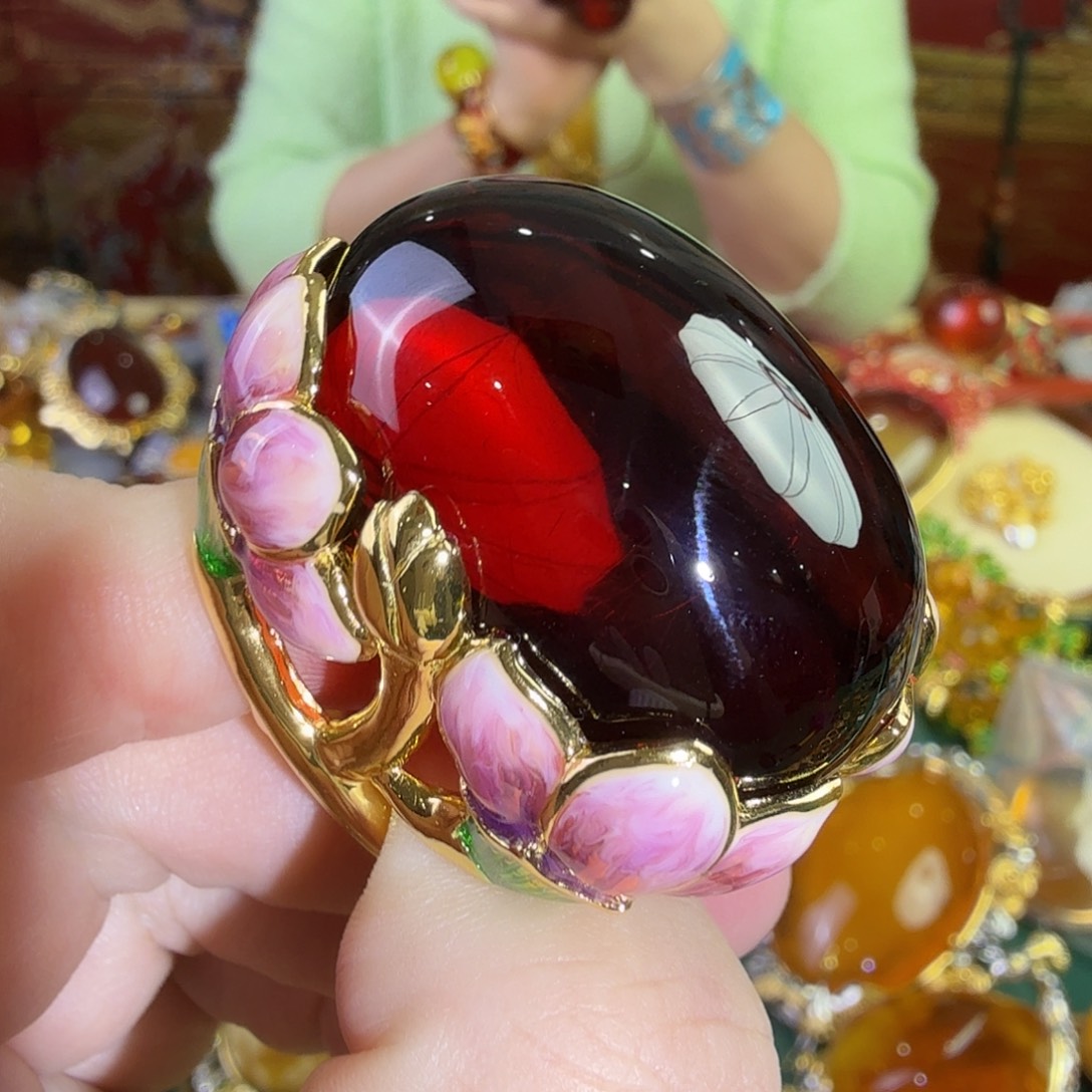 血珀银S925镀金镶嵌戒指