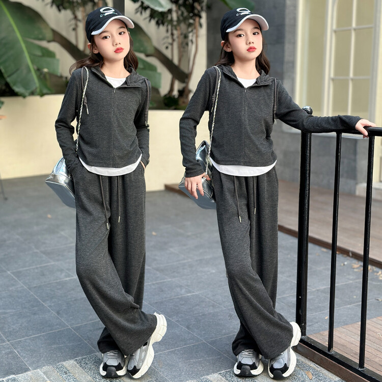 母女装 女童亲子同款25年春季新品灰拼白帽衫套装洋气时尚休闲