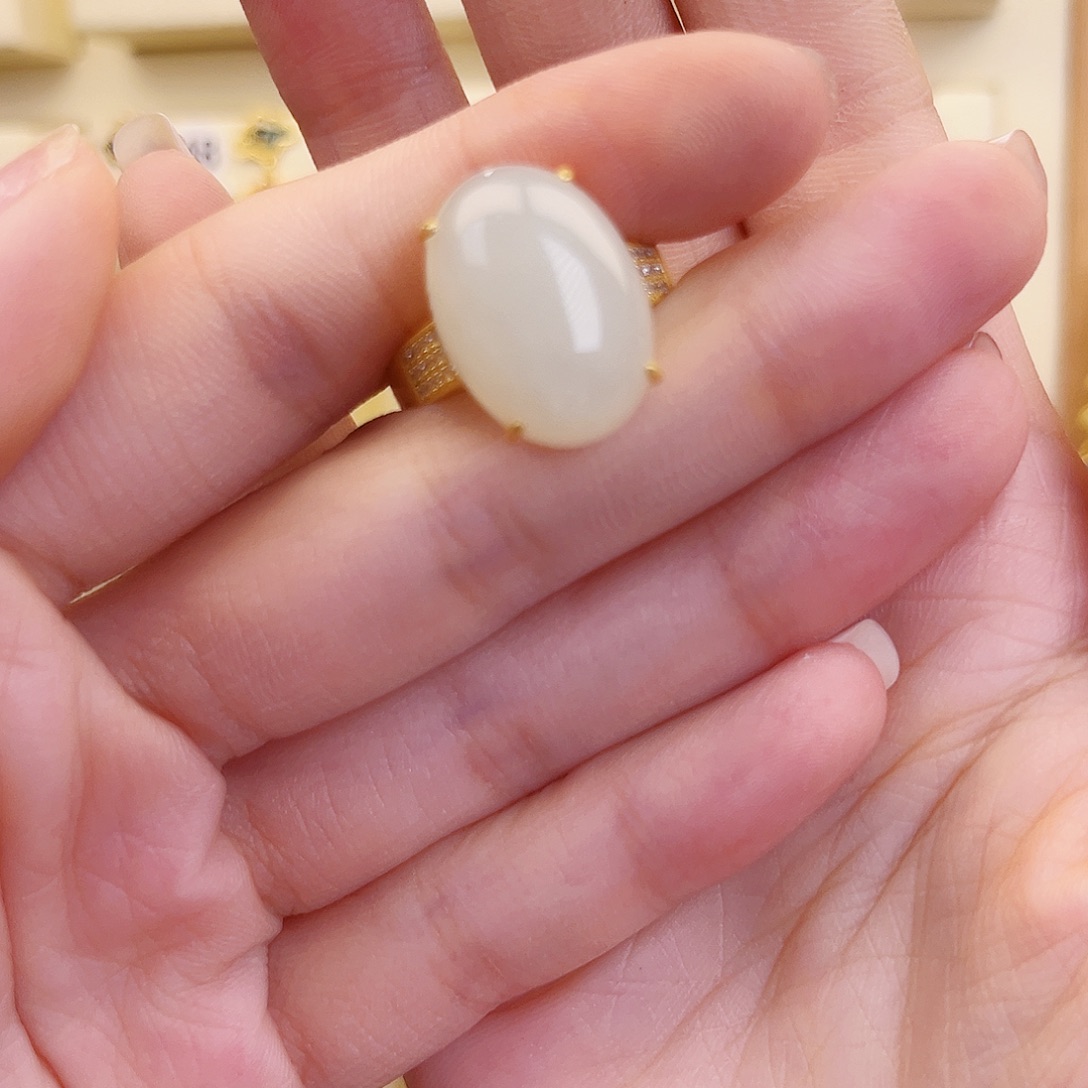 和田玉银S925镀金镶嵌戒指