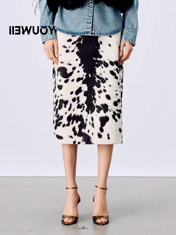 YOUWEI有尾2025早春上新斑点皮草纹定制印半裙女直筒裙Y5825129