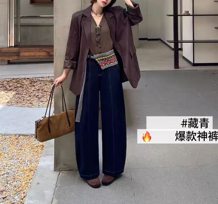潮流时尚加绒加厚气球裤阔腿弯刀裤宽松弹力镰刀裤牛仔裤子女5002