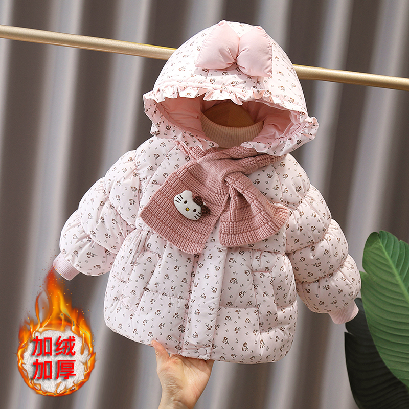 女童棉服冬装新款洋气宝宝加厚外套加绒夹棉保暖上衣儿童连帽棉袄