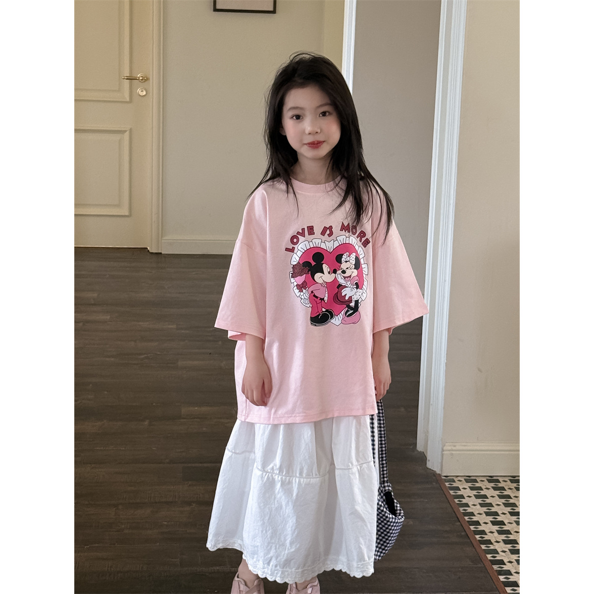 LJ-71537-女童T恤2025春季新款韩版儿童米奇印花短袖休闲上衣
