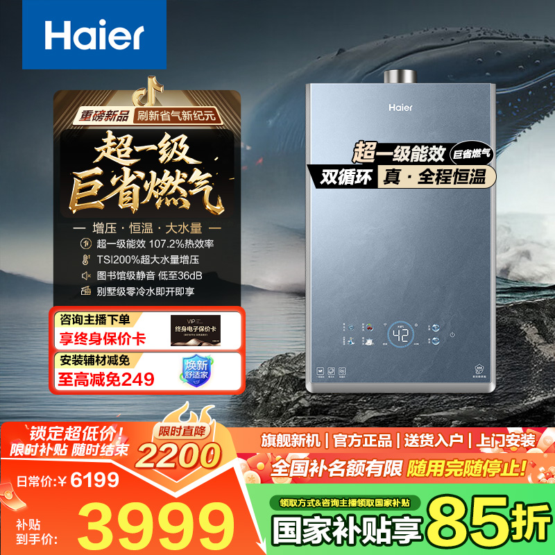 海尔燃气热水器超一级能效水伺服零冷水双循环7A无冷感一级静音