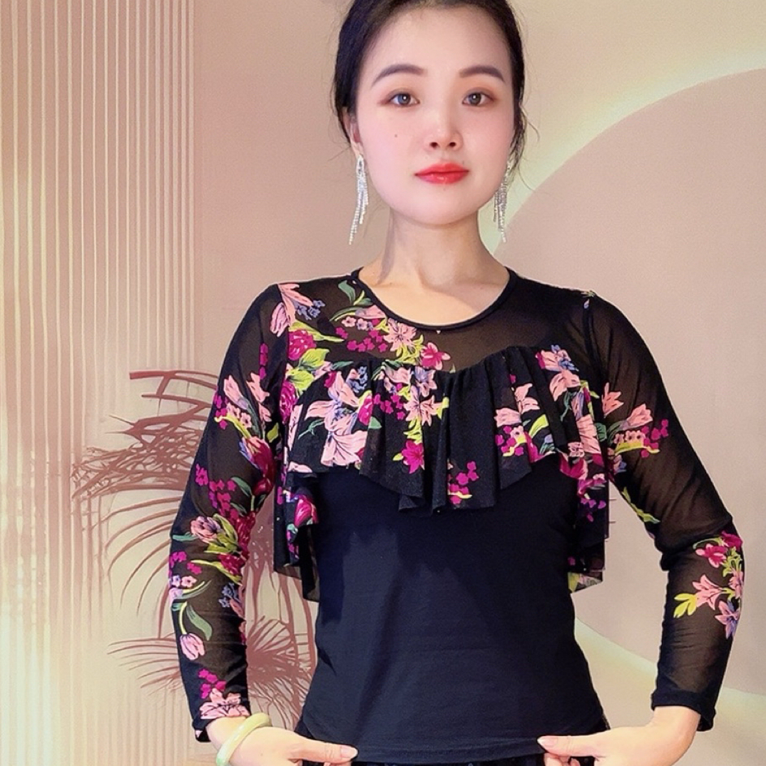 网纱打底衫荷叶边拼接上衣长袖高档时尚洋气夏季修身气质显瘦小衫
