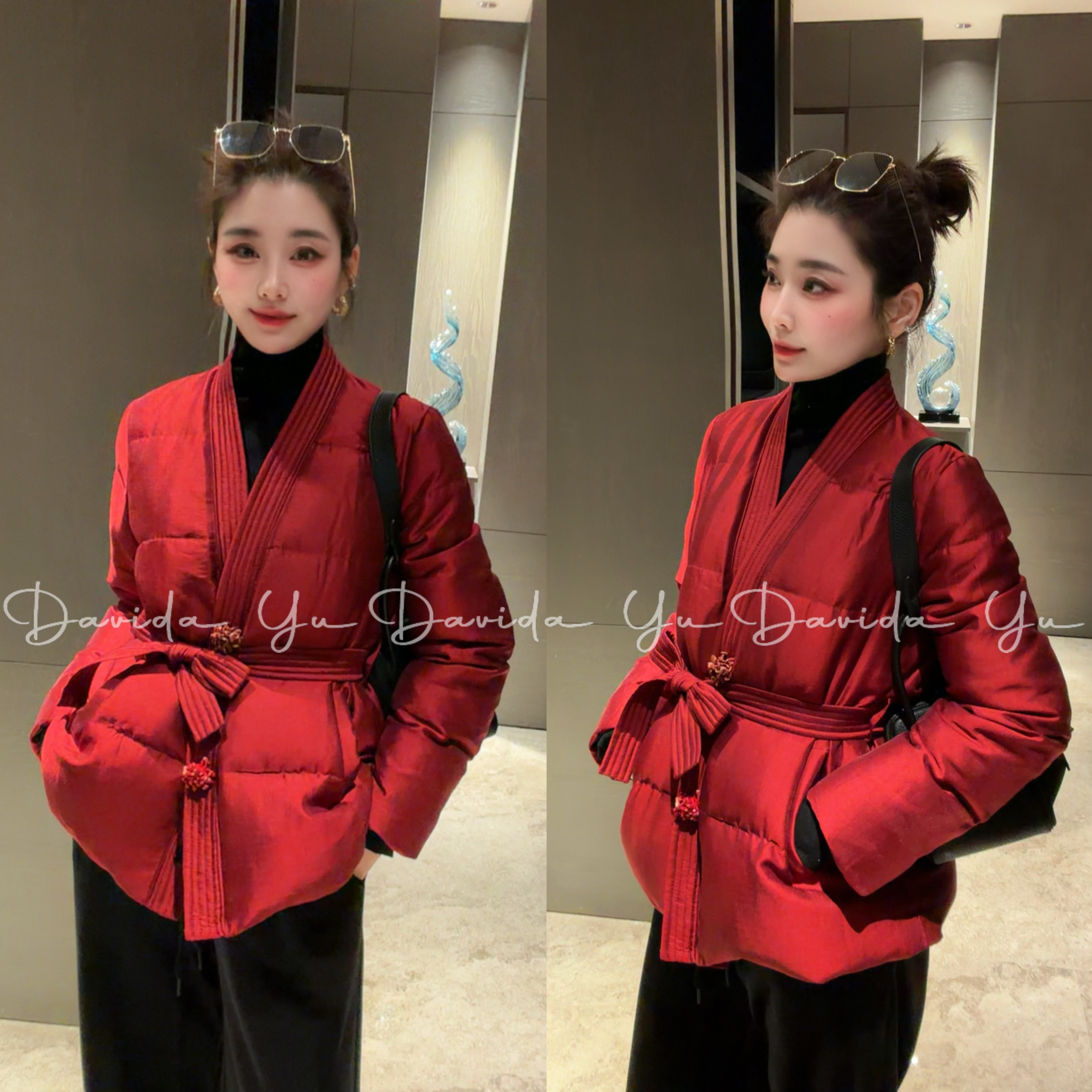 Davida Yu【纳福】V领红色桑蚕丝鹅绒服上衣保暖收腰外套 C桂88888