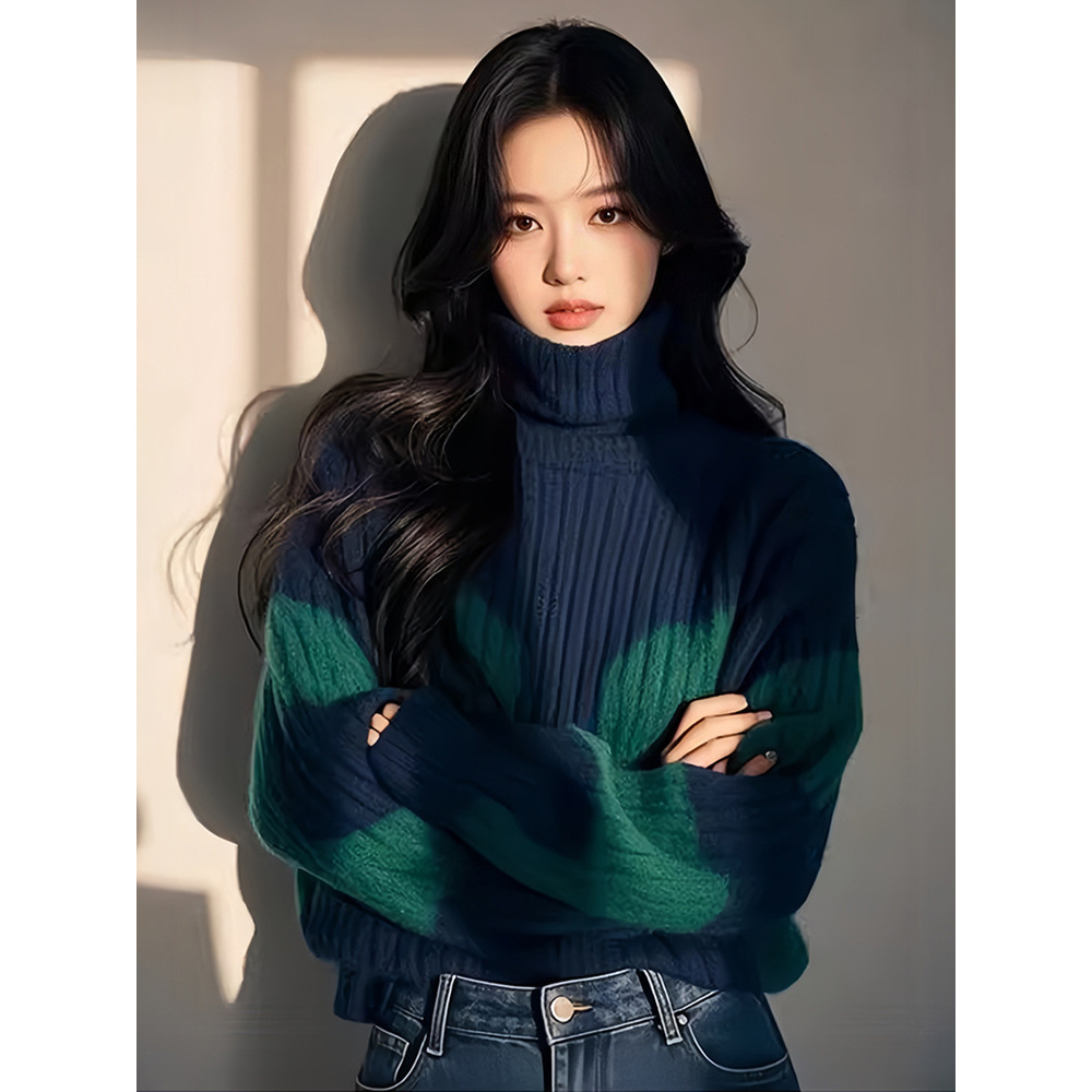 网红蓝色高领晕染针织毛衣女2025新款春季明星同款子夜蓝穿搭上衣