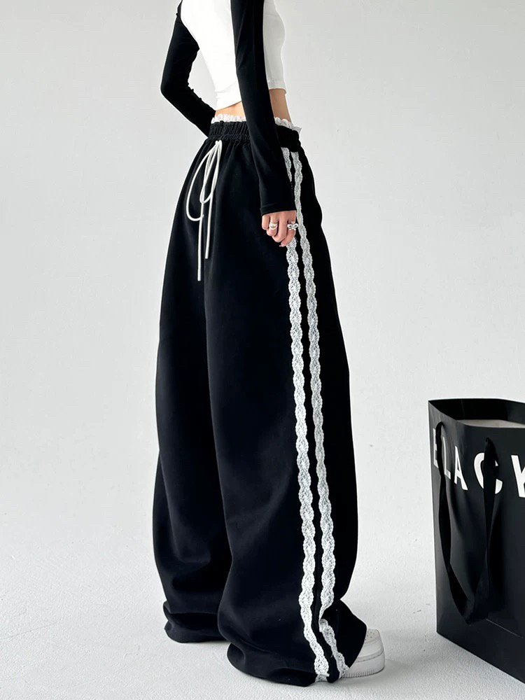 小妖精大码女装蕾丝拼接阔腿新款垂感直筒休闲裤高腰潮