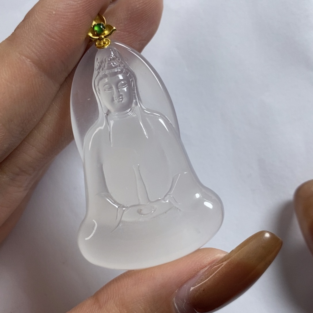 石英质玉观音18K金镶嵌小*鬼